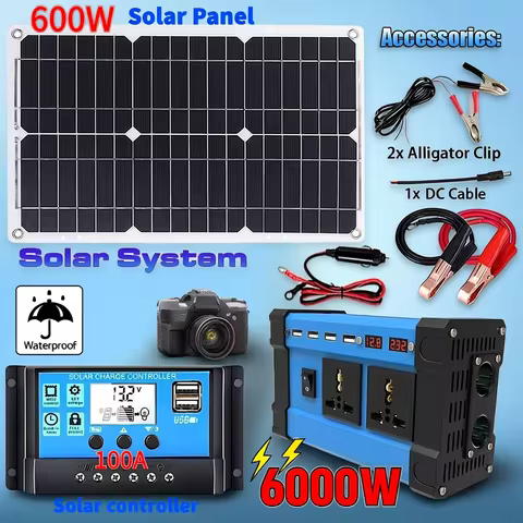 All-in-One 6000W Solar Generator: 600W Panel + MPPT Controller & Dual Voltage Inverter (110V/220V) for Home & RV & Camping
