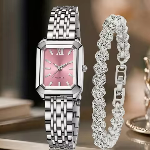 2Pcs/Set Unisex Jewelry Watches Women's Wristwatch Accessories Silver Pink Trendy Fashion Elegant Classic Exquisite Light Luxury Simple Luxury Bracelet Watch Set Y2K Suitable for Daily Outfits Travel Perfect Holiday Gift