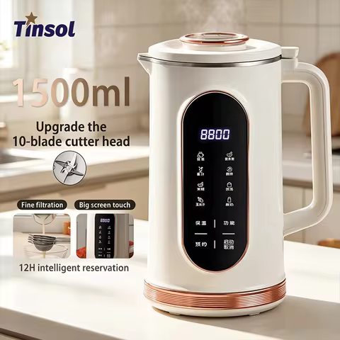 TINSOL 1500ml Breakfast Soy Milk Maker, Multi-Functional Blender 10-Blade Design 304 Stainless Steel Inner Pot, Soy Milk Machine