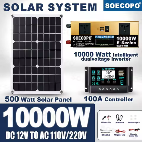 10000W Solar Kit 500W Panel 100A MPPT Controller DC Cable 12V/24V to 220V/110V Inverter for Camping Emergency CE Certified