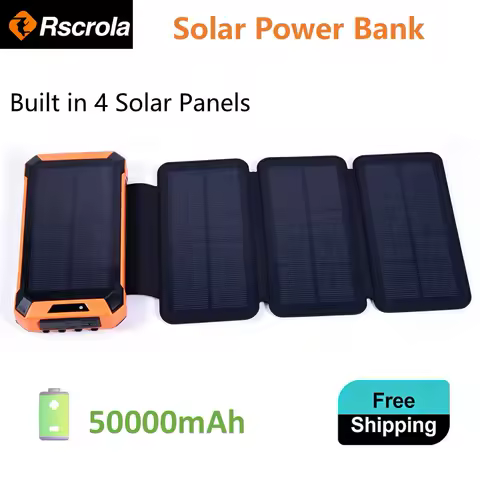 Upgraded Solar Power Bank with 4 Solar Panels, 50000mAh Portable Solar External Battery Compatible with IOS Android USB-A USB-C