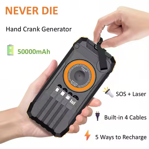 Hand Crank Solar Power Bank 50000mAh, Emergency Kit Must-Have for Hurricane Power Outage, 4 Cables, Compass & SOS Radio Light